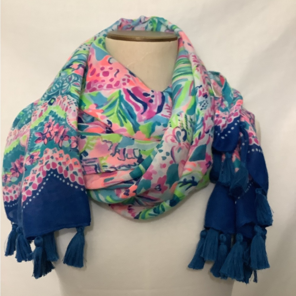 Lilly Pulitzer Vibrant Blue and Pink Tassel Scarf